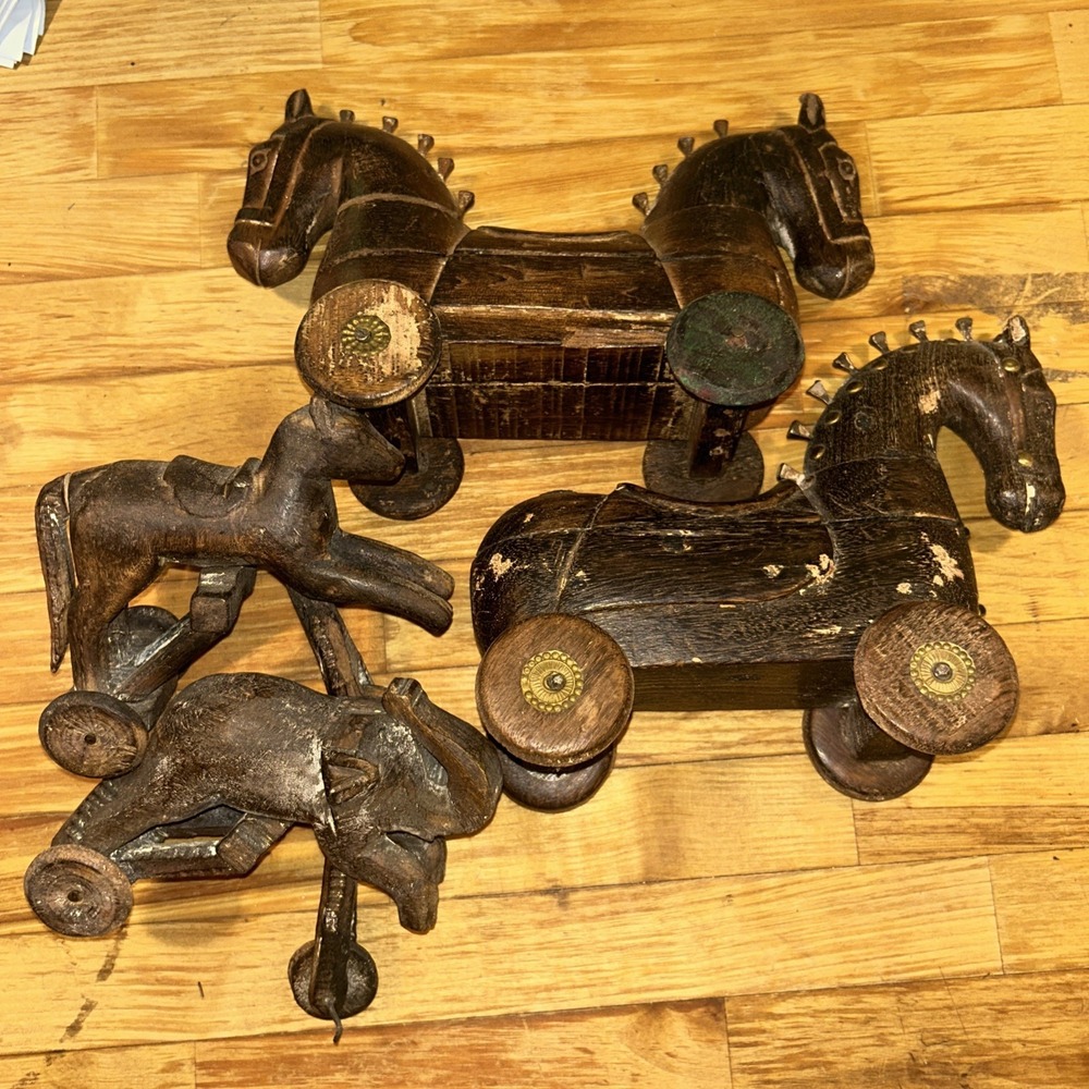 Folk Art Carved Wooden Horses on Wheels Locking Storage Compartments Vintage
